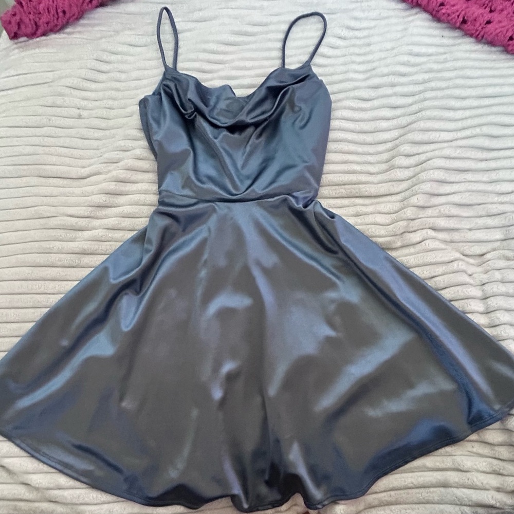 Blue Satin Hoco, Wofo, wedding guest dress